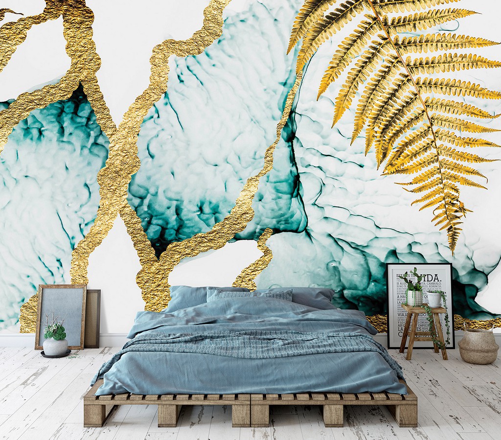 Флизелиновые фотообои 416 x 254 см Цветы - Золотой папоротник на мраморе (13819VEXXXL)+клей