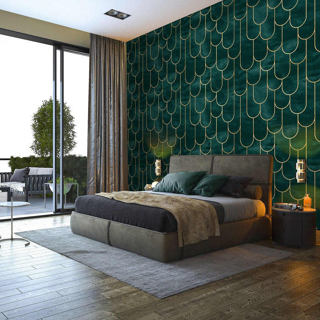 Флізелінові фотошпалери з геометрією 312x219 см Красивий зелений арт-декор (13821VEXXL)+клей