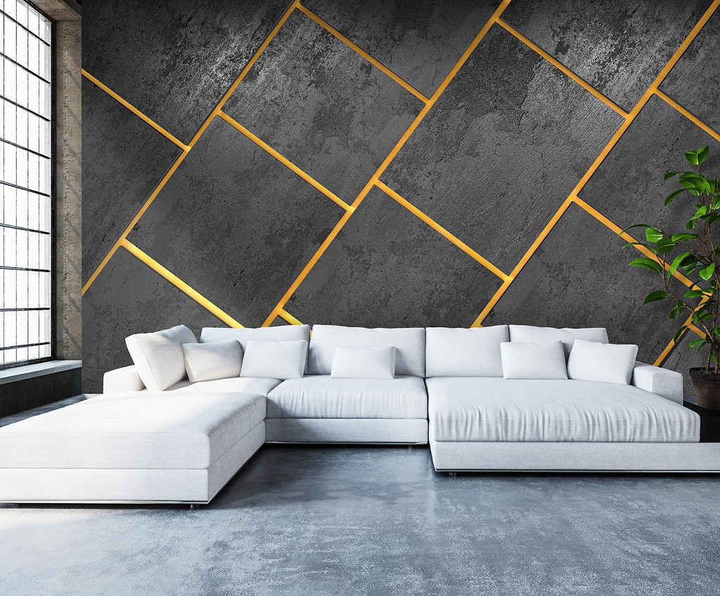 Флізелінові фотошпалери з геометрією 368x254 см Чорні бетонні прямокутники на стіні (13823V8)+клей