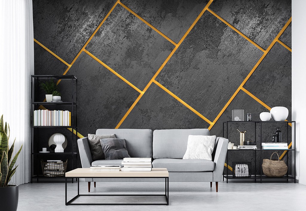 Флізелінові фотошпалери в зал 312x219 см Чорні бетонні прямокутники на стіні (13823VEXXL)+клей
