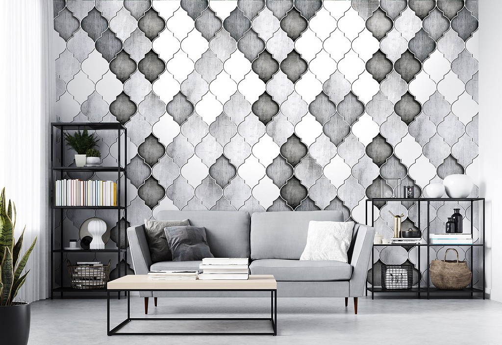 Флізелінові фотошпалери в зал 416x254 см Візерунок Чорно-біла марокканська конюшина (13824VEXXXL)+клей