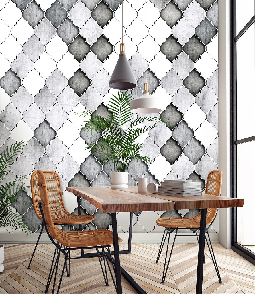 Флізелінові фотошпалери на кухню 312x219 см Візерунок Чорно-біла марокканська конюшина (13824VEXXL)+клей