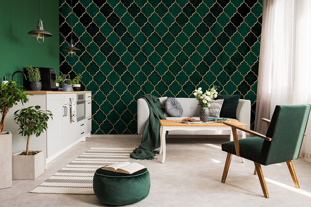 Флізелінові фотошпалери на кухню 416x254 см Візерунок Темно-зелена марокканська конюшина (13825VEXXXL)+клей