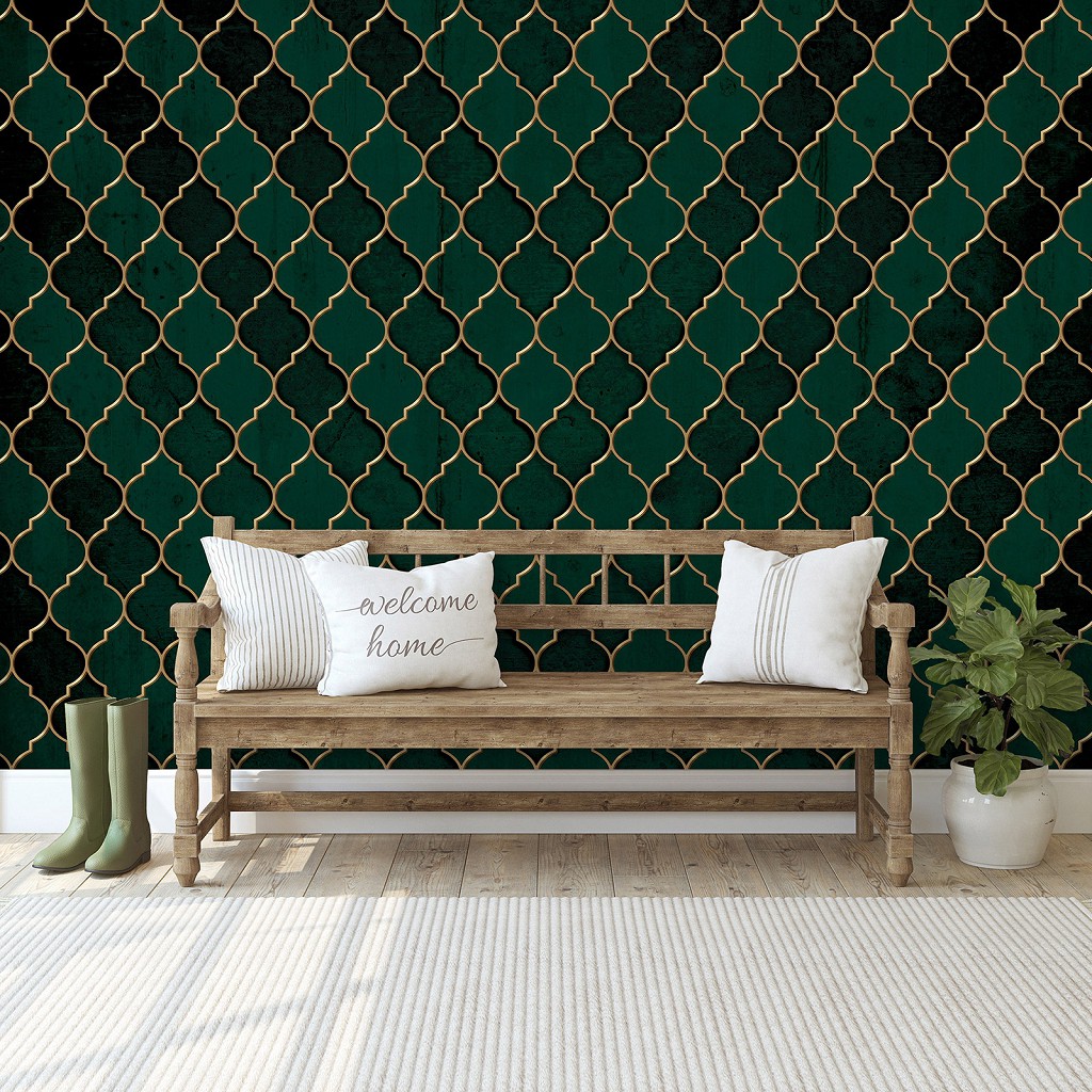 Флизелиновые фото обои с рисунком плитки 254 x 184 см Узор Темно-зеленый марокканский клевер (13825V4)+клей