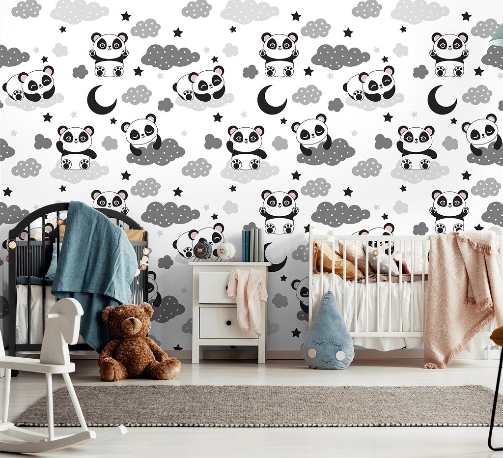 Флізелінові фотошпалери в дитячу кімнату 368x280 см Чорно-білі пандочки на хмарах (13828V10)+клей