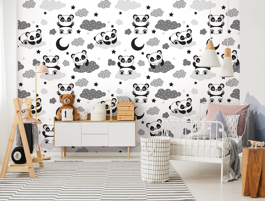 Флізелінові фотошпалери в дитячу 416x290 см Чорно-білі пандочки на хмарах (13828VEXXXXL)+клей