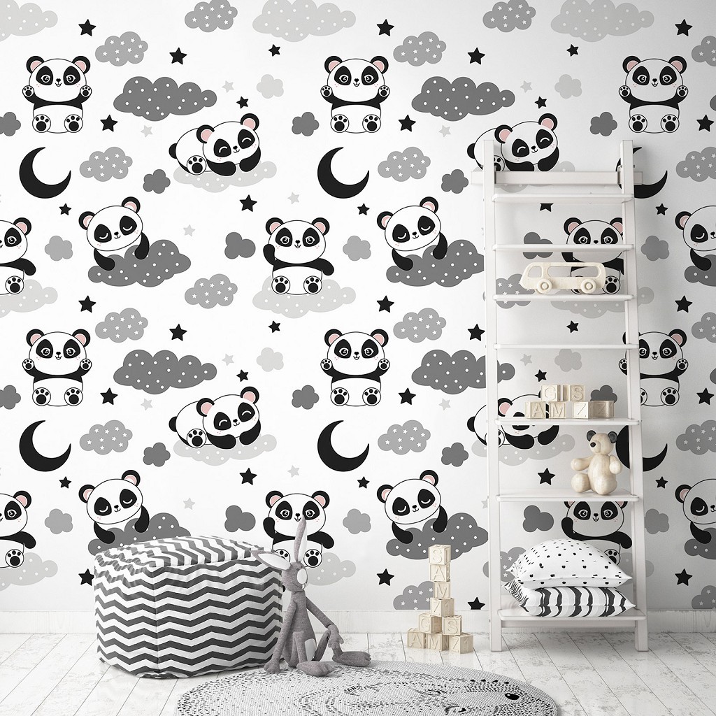 Флизелиновые фотообои звери 520 x 318 см Детские - Черно-белые пандочки на облаках (13828VEXXXXXL)+клей