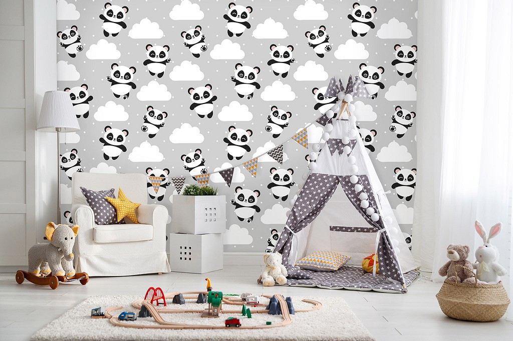 Флизелиновые фотообои в детскую девочке 368 x 254 см Пандочки на облаках (13829V8)+клей