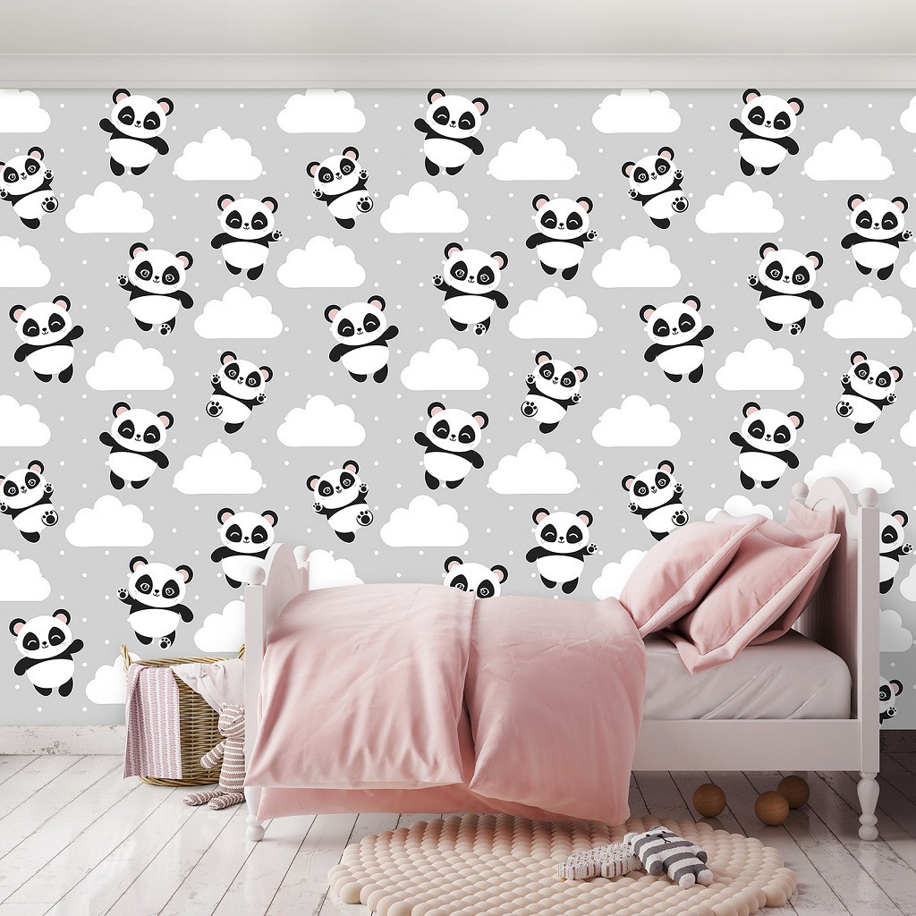 Флизелиновые фотообои в интерьере 368 x 280 см Детские - Пандочки на облаках (13829V10)+клей