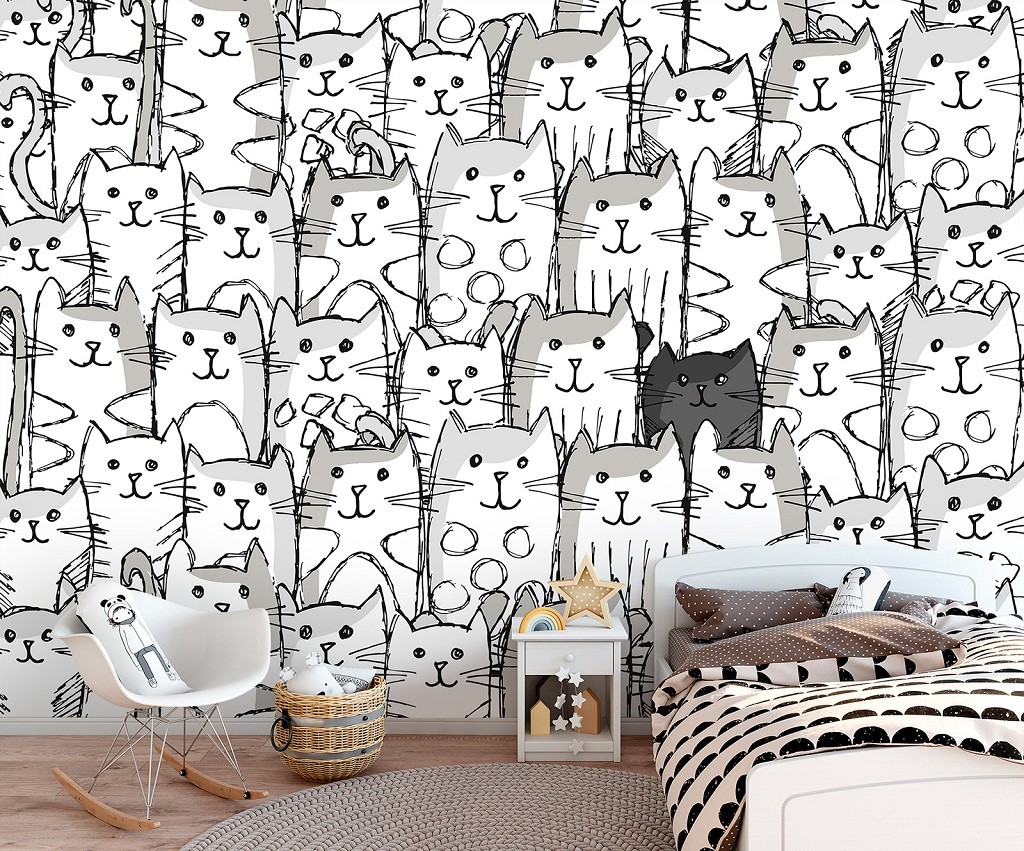 Флізелінові фотошпалери на всю стіну 460x300 см Для дітей Білі котики та один чорний (13833V12)+клей