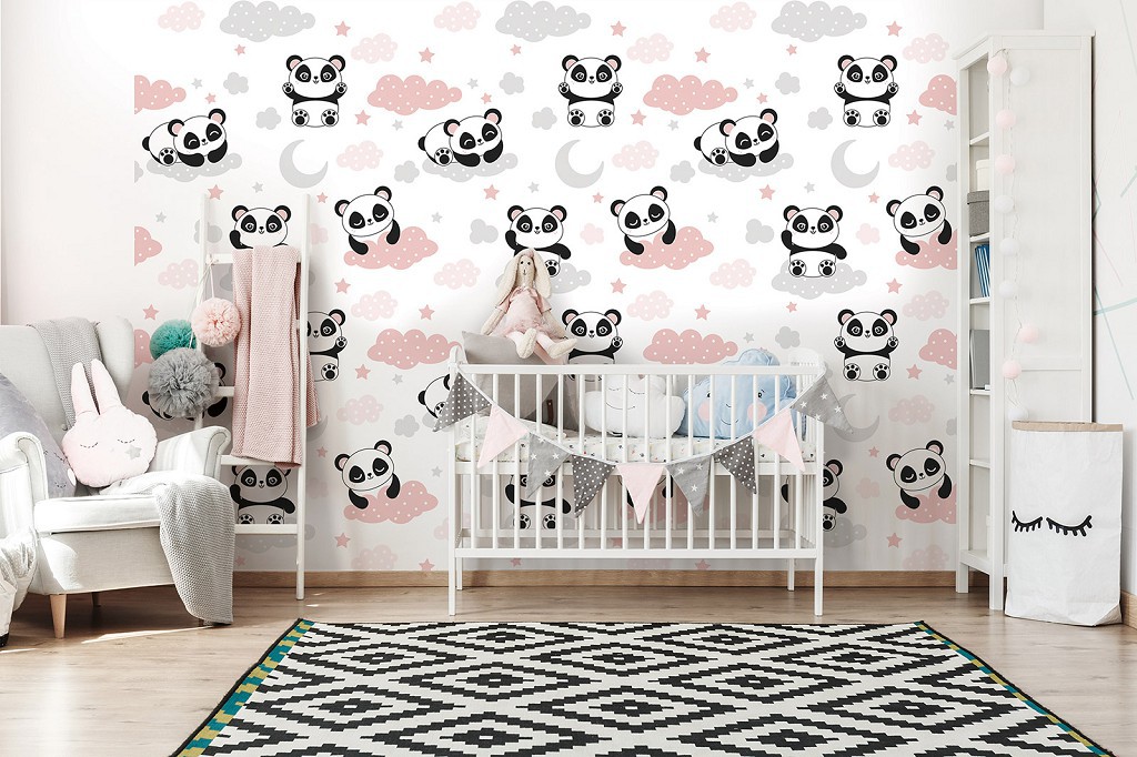 Флізелінові фотошпалери для дитячої кімнати дівчинці 460x300 см Пандочки на рожевих хмарах (13834V12)+клей