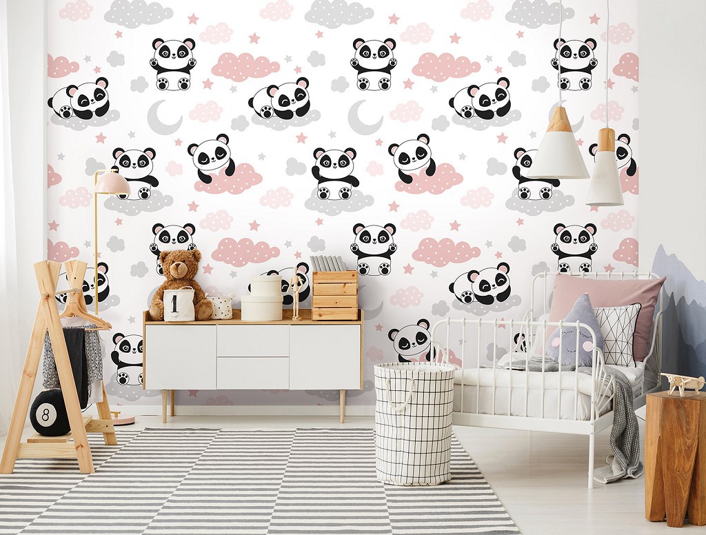 Флізелінові фотошпалери для дівчаток 254x184 см Дитячі - Пандочки на рожевих хмарах (13834V4)+клей