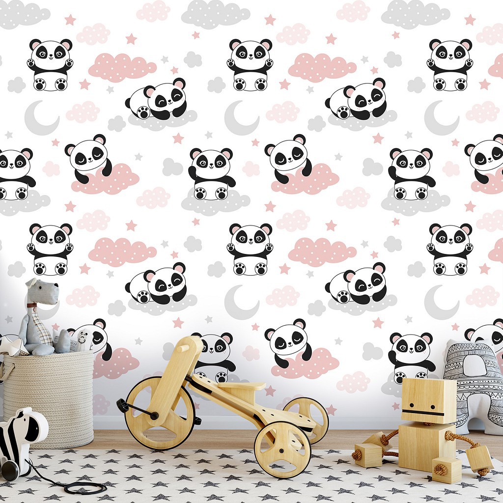 Флизелиновые фотообои в спальню 312 x 219 см Детские - Пандочки на розовых облаках (13834VEXXL)+клей