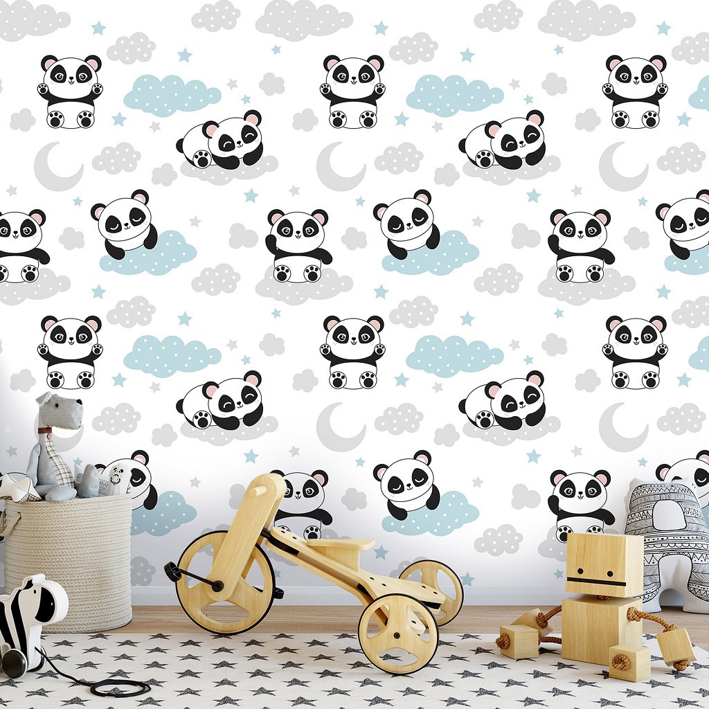 Красивые флизелиновые фотообои 416 x 290 см Детские - Пандочки на голубых облаках (13835VEXXXXL)+клей