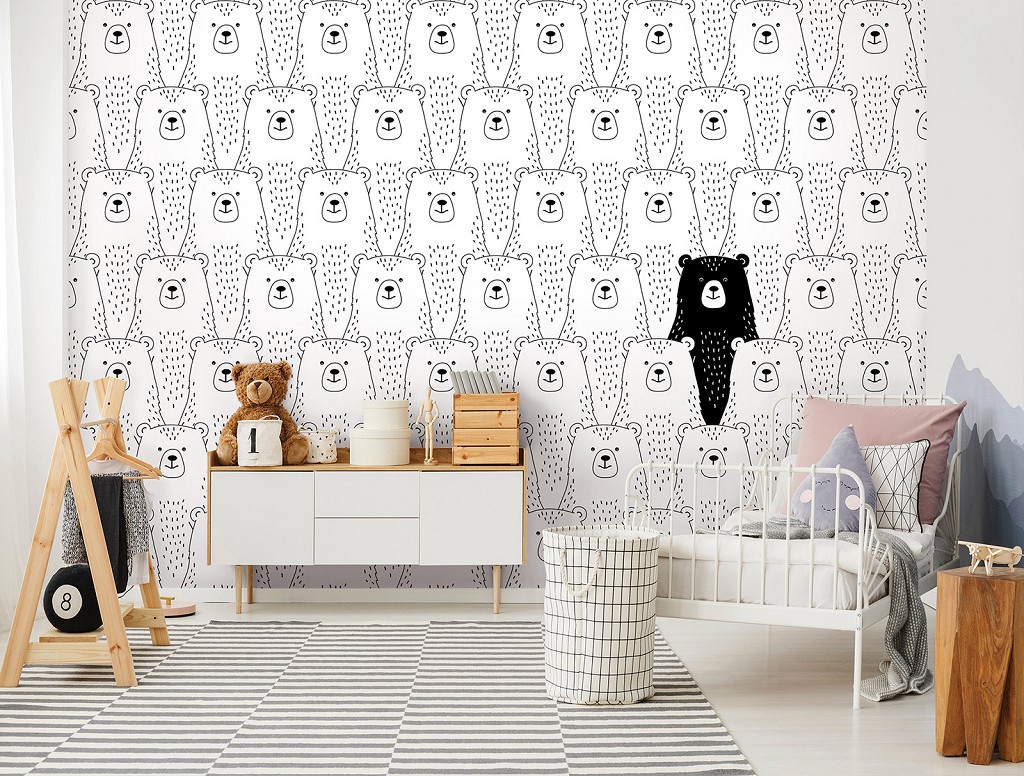 Флізелінові фото шпалери в дитячу кімнату для хлопчика 254x184 см Білі ведмедики та один чорний (13837V4)+клей