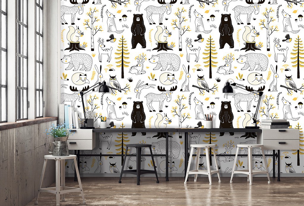 Флізелінові фотошпалери 460x300 см Дитячі - Лісові тварини на білому тлі (13838V12)+клей