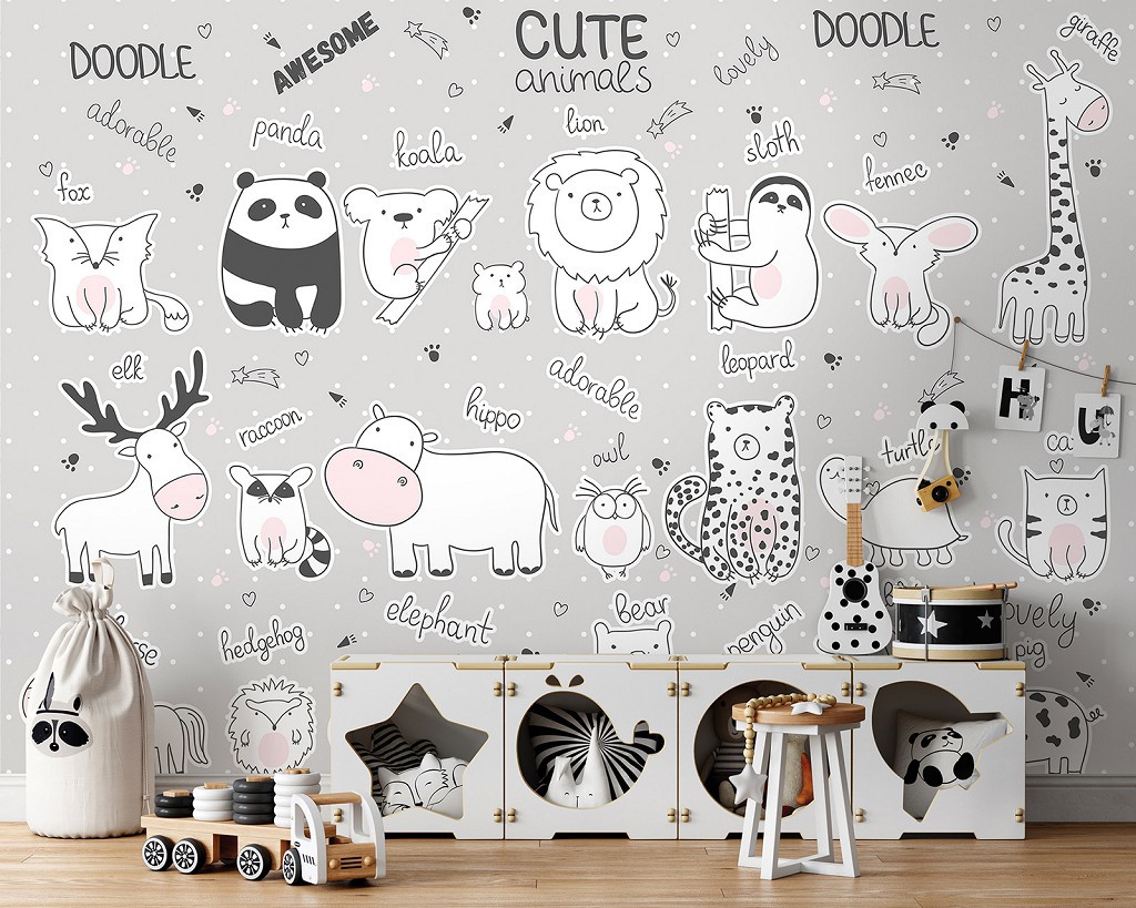 Флізелінові фотошпалери в дитячу 460x300 см Милі тварини з назвами англійською (13840V12)+клей