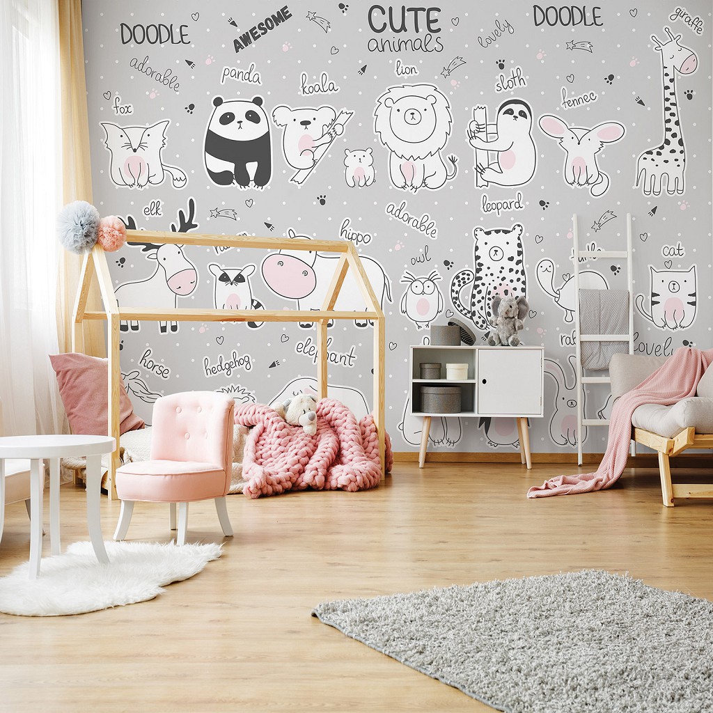 Флизелиновые фотообои 368 x 280 см Детские - Милые животные с названиями на английском (13840V10)+клей