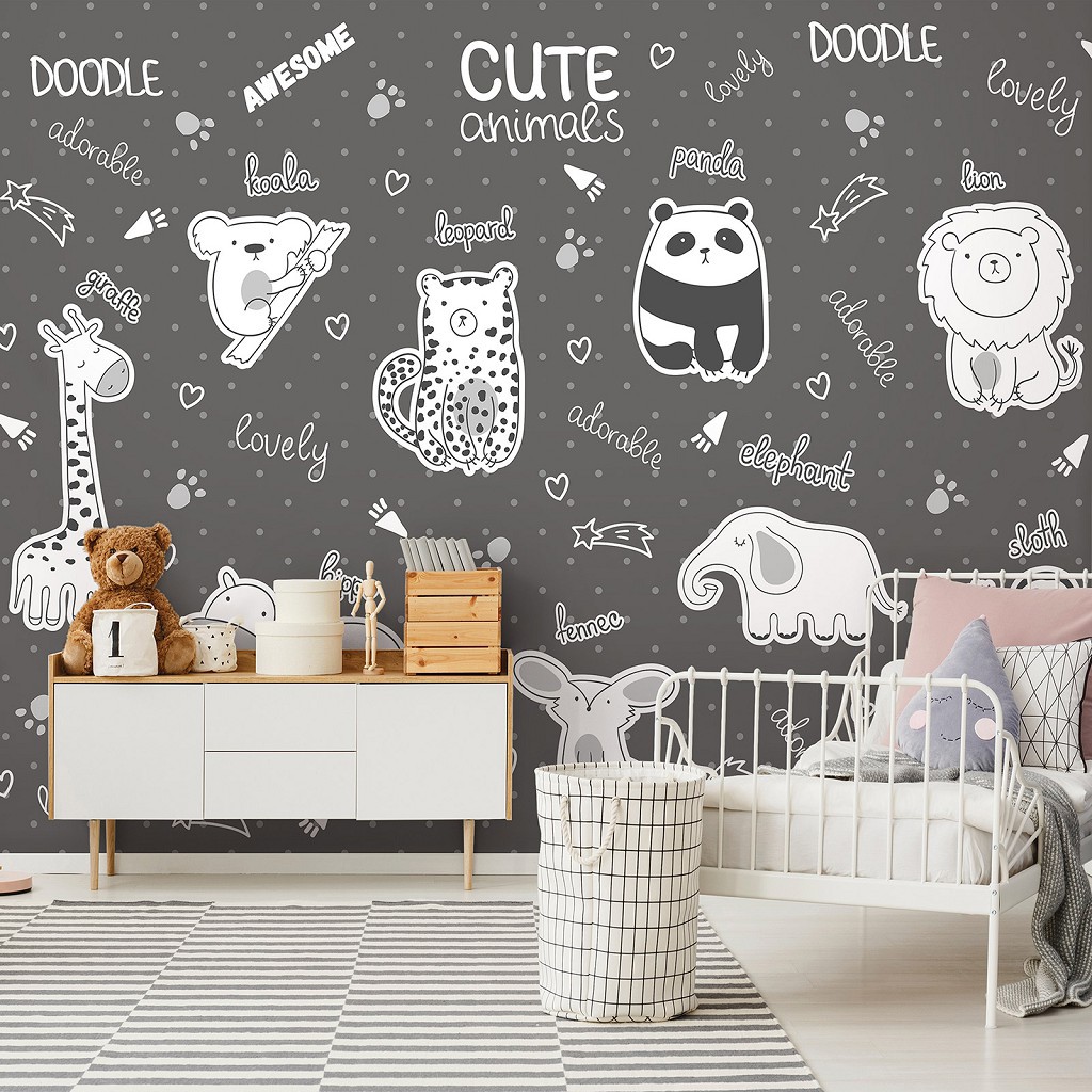 Флізелінові фотошпалери для дівчаток 416x290 см Дитячі - Милі тварини з англійськими назвами на темному (13841VEXXXXL)+клей