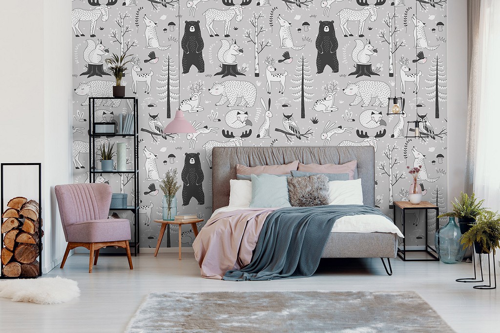 Флізелінові фотошпалери 312x219 см Дитячі - Чорно-білі лісові тварини (13843VEXXL)+клей