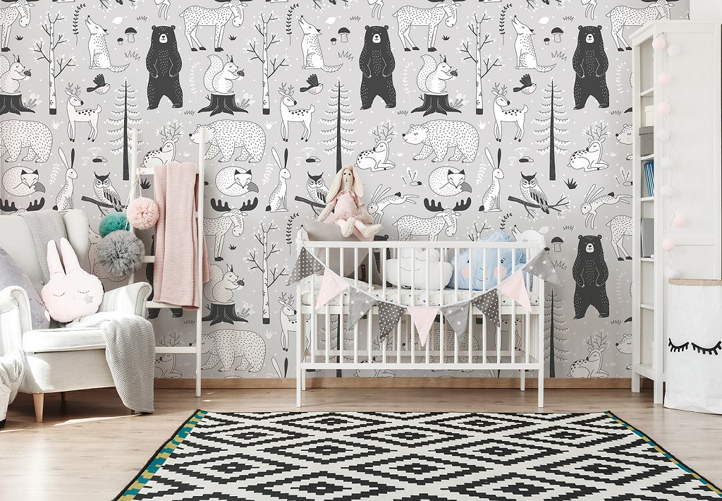 Детские флизелиновые фотообои для стен Черно-белые лесные животные (13843V)+клей