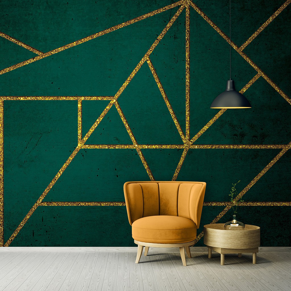 Флизелиновые фотообои под бетон 416 x 290 см Золотые линии на зеленом камне (13844VEXXXXL)+клей