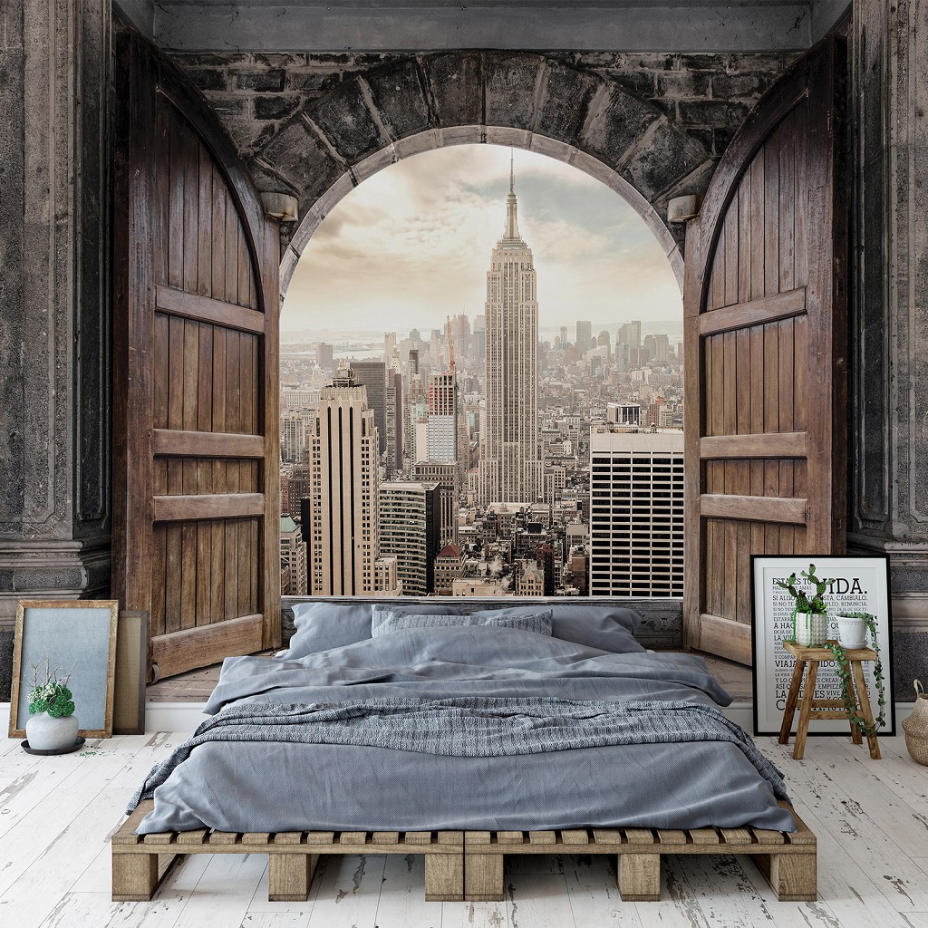 3D Флизелиновые фотообои вид из окна в интерьере 254 x 184 см Город Нью-Йорк (13846V4)+клей