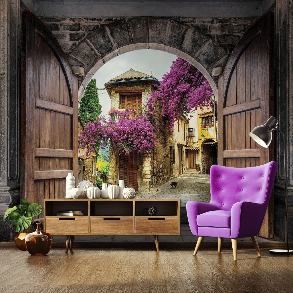 Флизелиновые фотообои с городом на кухню 520x318 см 3Д Вид на улицу в цветах через арку (13848VEXXXXXL) +клей