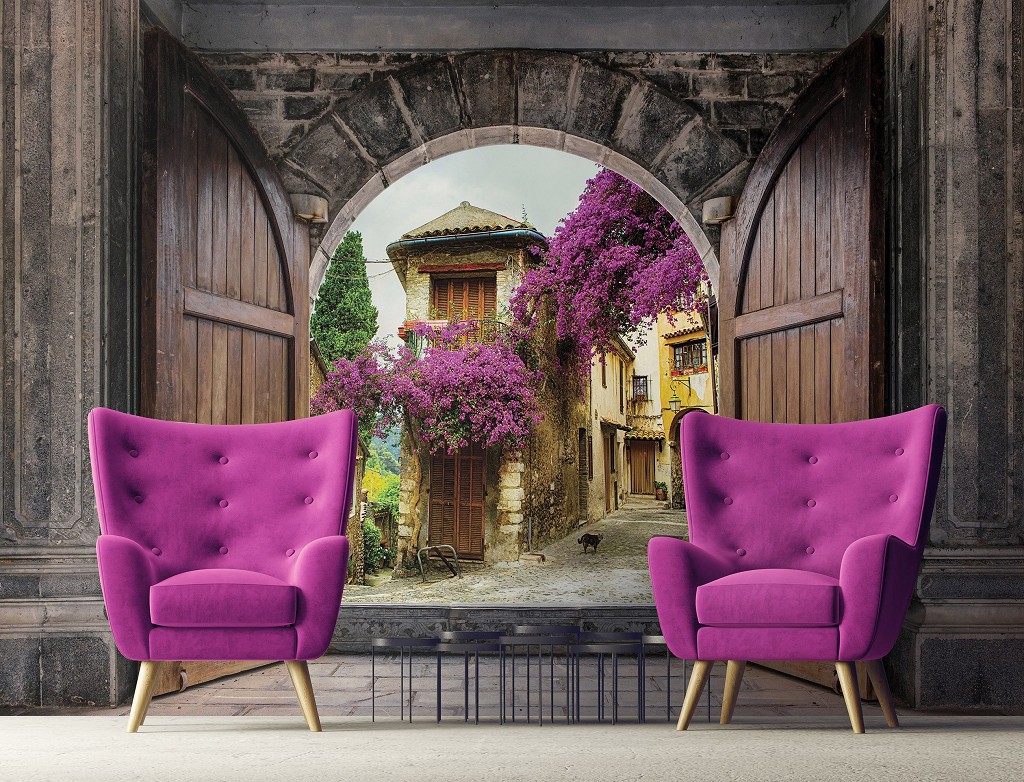 Флизелиновые фотообои с цветами на стену 3Д Вид на улицу через арку (13848V)+клей