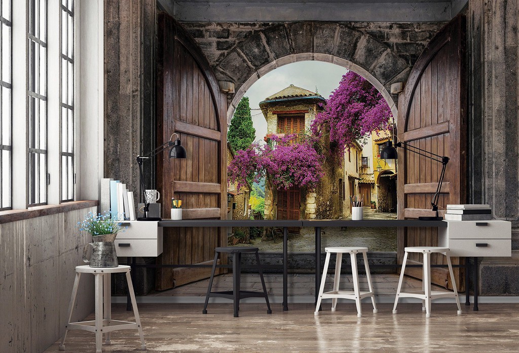 Красиві флізелінові фотошпалери міста 416x290 см 3Д Вид на вулицю в квітах через арку (13848VEXXXXL) +клей