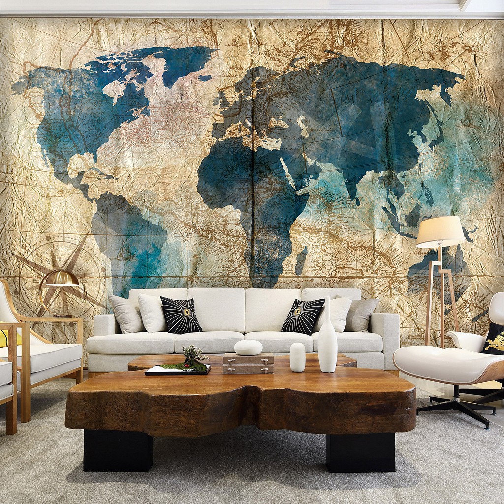 Флізелінові фотошпалери до спальні 312x219 см Карта світу на старому пергаменті (13849VEXXL)+клей