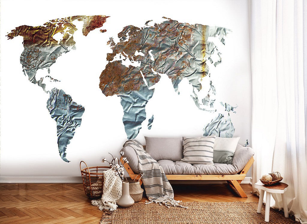Флизелиновые фотообои для зала 416 x 290 см Металлическая карта мира на белом фоне (13850VEXXXXL)+клей