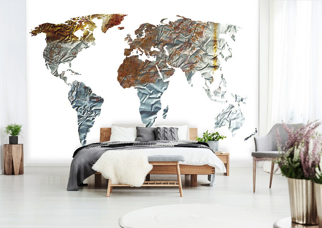 Флізелінові фотошпалери в коридор 368x254 см Металева карта світу на білому тлі (13850V8)+клей