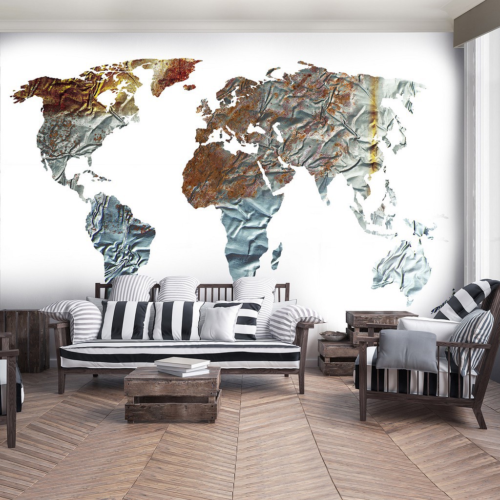 Флізелінові фотошпалери на кухню 368x280 см Металева карта світу на білому тлі (13850V10)+клей