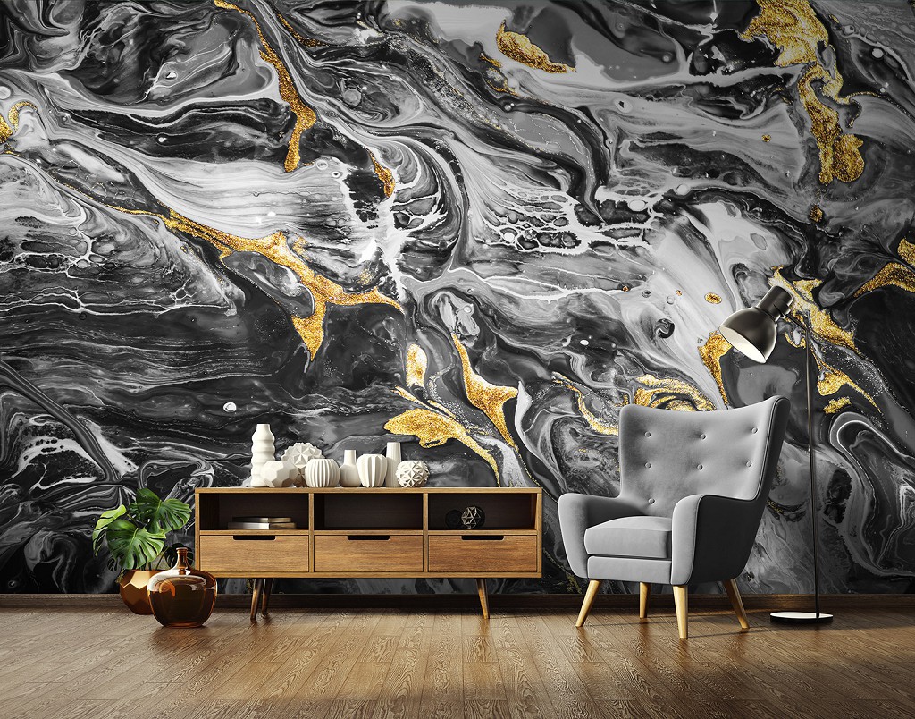 Флизелиновые фотообои на всю стену 520 x 318 см Абстракция - Черный мрамор с золотом (13851VEXXXXXL)+клей