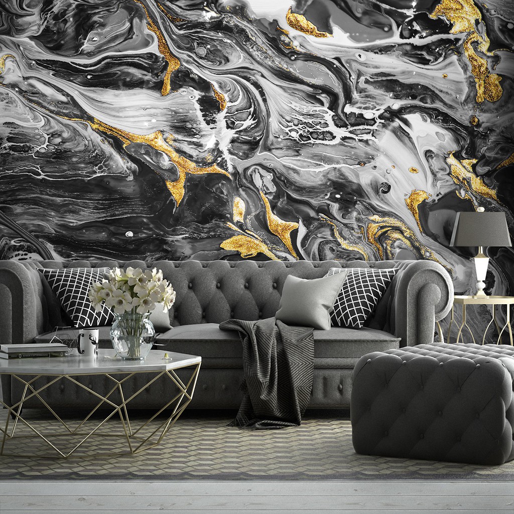 Флізелінові фотошпалери фото 368x254 см Абстракція - чорний мармур із золотом (13851V8)+клей