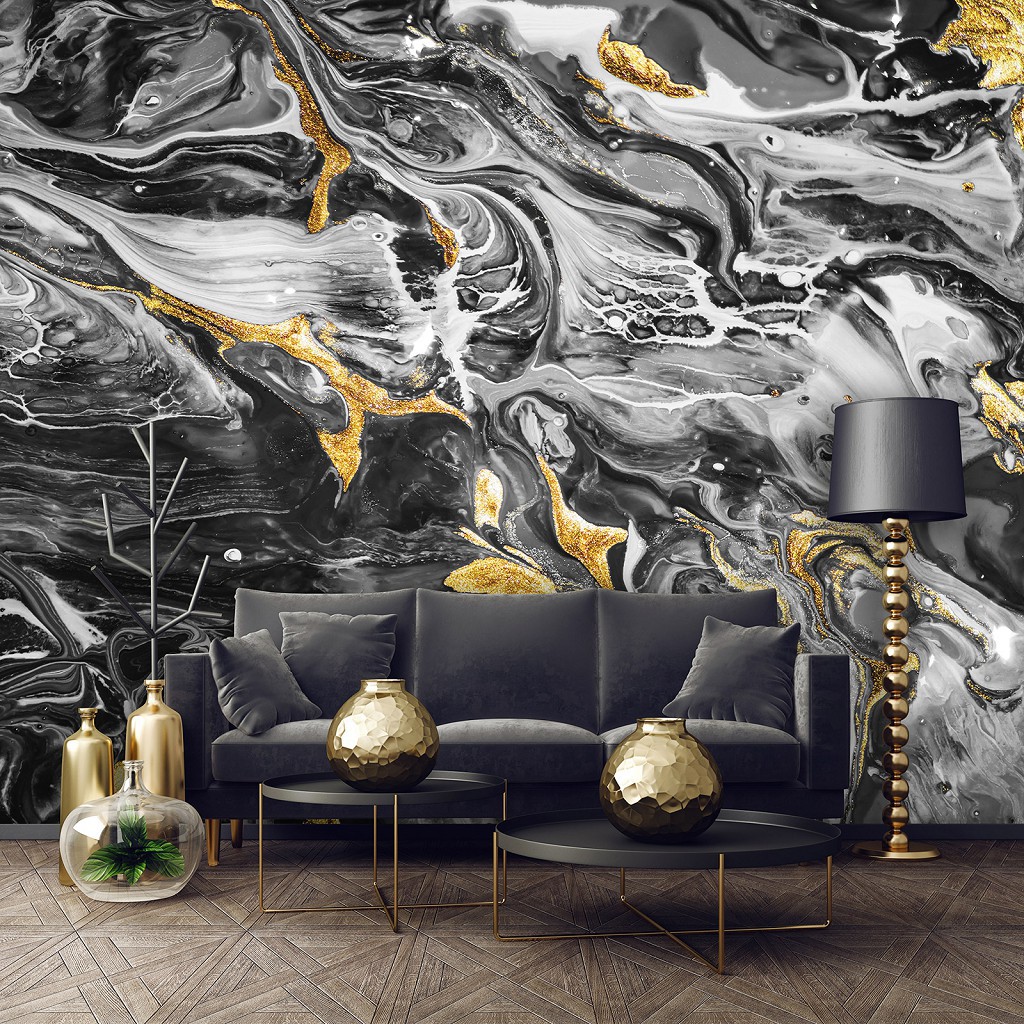 Флізелінові фотошпалери в інтер'єрі 312x219 см Абстракція - чорний мармур із золотом (13851VEXXL)+клей