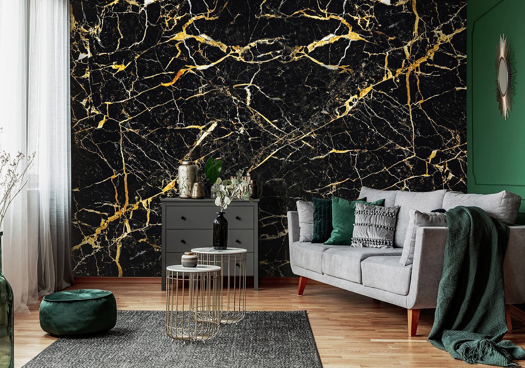 Флизелиновые фотообои под камень 368 x 280 см Черный мрамор с золотыми прожилками (13854V10)+клей