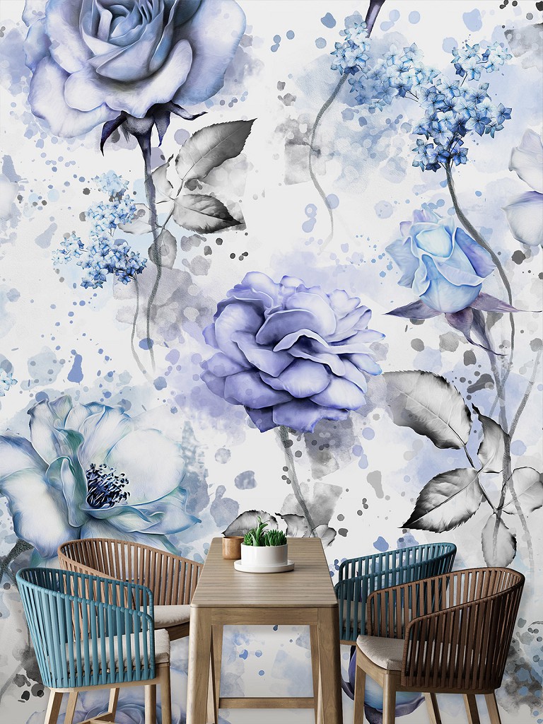 Флізелінові фото шпалери з трояндами 254 x 184 см Акварельні блакитні квіти на світлому фоні (13855V4)+клей