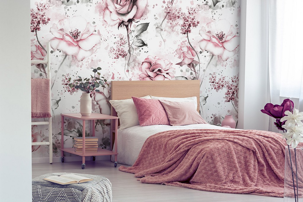 Флизелиновые фотообои для кухни 520 x 318 см Акварельные розовые цветы на светлом фоне (13856VEXXXXXL)+клей