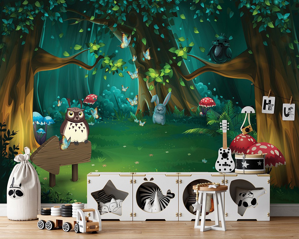 Флизелиновые фотообои 368 x 280 см Детские - Сказочный лес с животными (13857V10)+клей