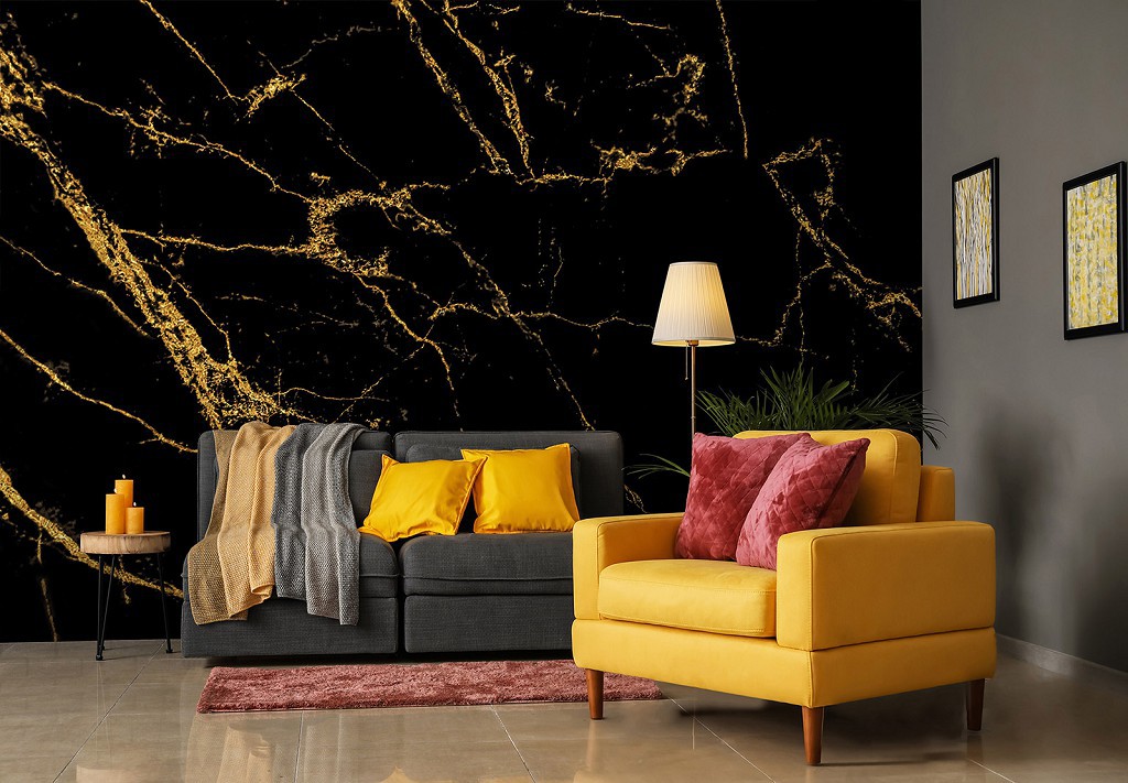 Флізелінові фотошпалери під камінь в інтер'єрі Чорний мармур із золотими тріщинами (13859V)+клей