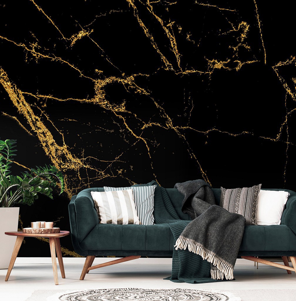 Флизелиновые фотообои каменная стена 460 x 300 см Черный мрамор с золотыми трещинами (13859V12)+клей