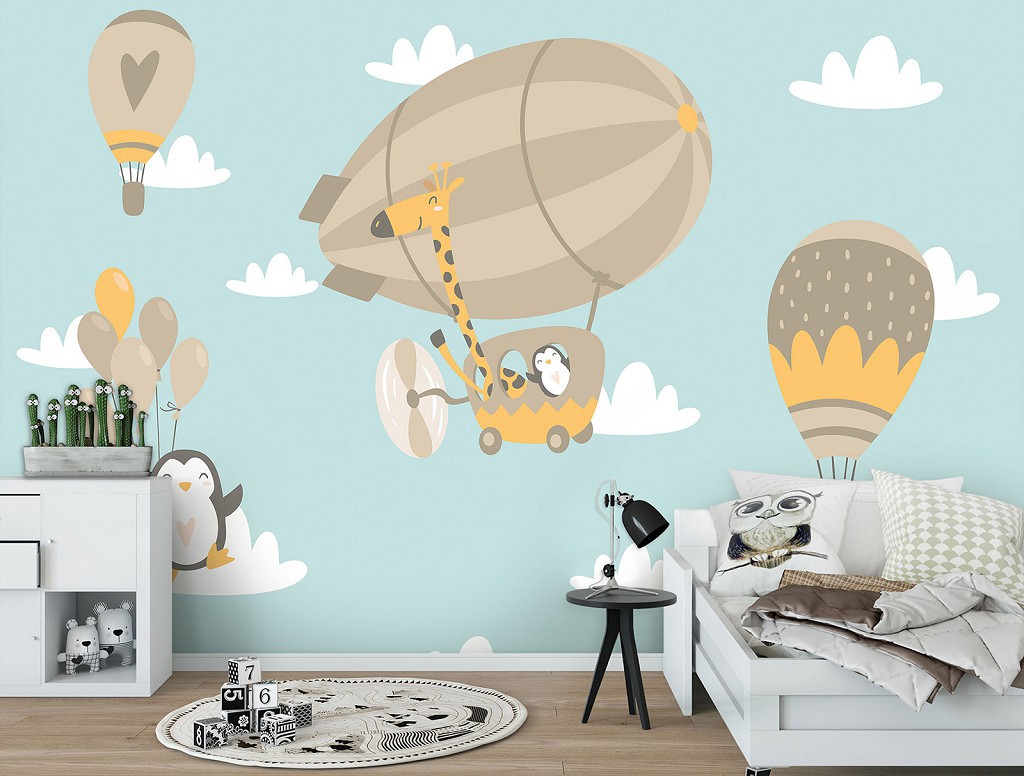 Флизелиновые фотообои для мальчиков 520 x 318 см Детские - Пингвины на воздушном шаре (13871VEXXXXXL)+клей