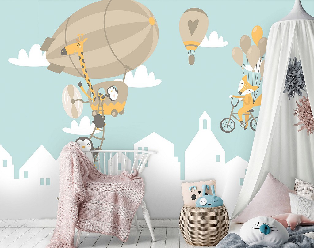 Флизелиновые фотообои облака в интерьере 368 x 254 см Детские - Зверята на воздушном шаре (13872V8)+клей
