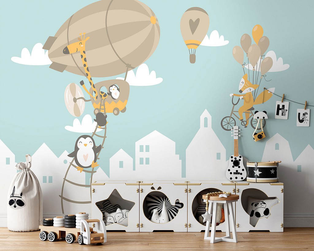 Флізелінові фотошпалери хмари 312x219 см Дитячі - Звірятка на повітряній кулі (13872VEXXL)+клей