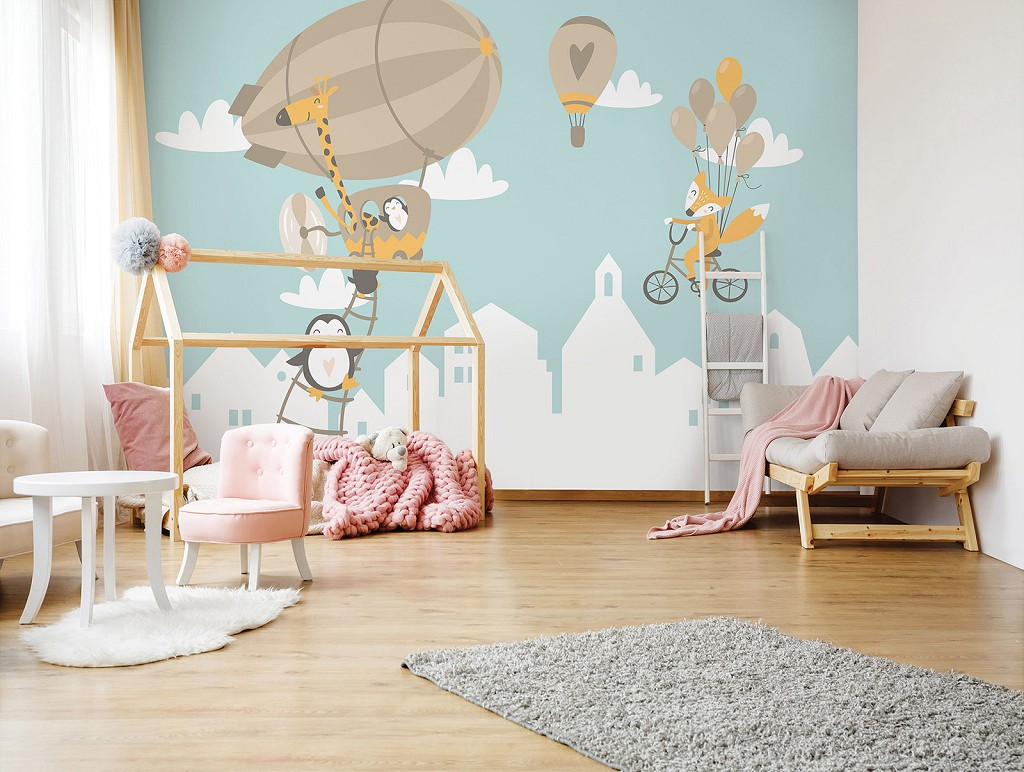 Флизелиновые фотообои для девочки Детские - Зверята на воздушном шаре (13872V)+клей