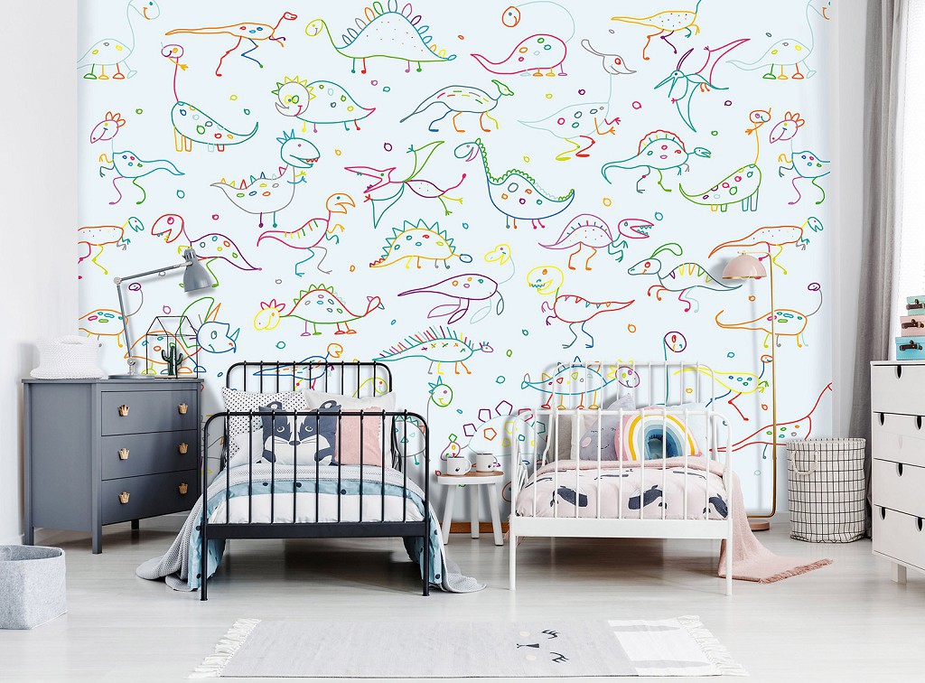 Флізелінові фотошпалери для дівчаток 416x254 см Дитячі - Намальовані на стіні динозаврики (13874VEXXXL)+клей