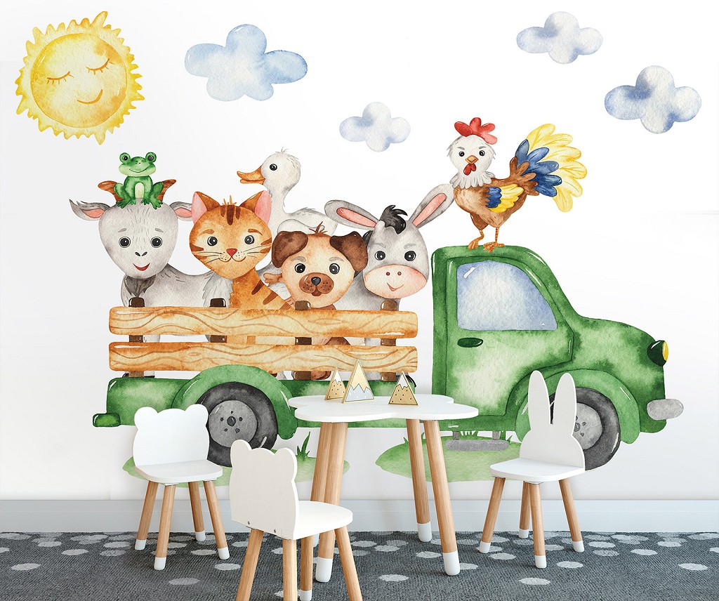 Флізелінові дитячі фотошпалери для хлопчика фото 416x254 см Домашні тварини на вантажівці (13879VEXXXL) +клей