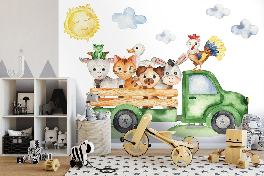 Флизелиновые детские фотообои для мальчика 416x290 см Домашние животные на грузовике (13879VEXXXXL) +клей